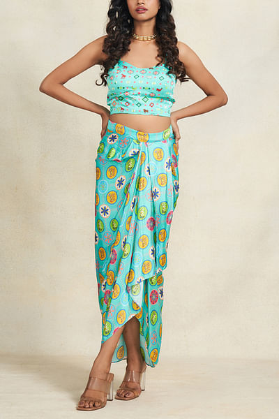 Turquoise elephant print sarong draped skirt