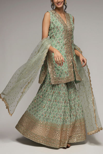 Turquoise floral printed sharara set