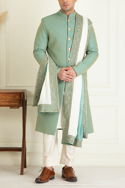 Turquoise green embroidered sherwani set