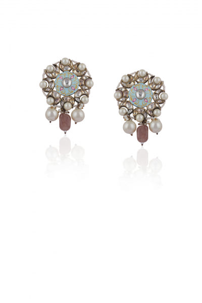 Turquoise meenakari jadtar and pearl embellished earrings