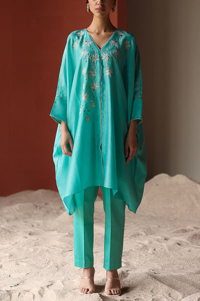 Turquoise thread and mirror embroidered co-ords