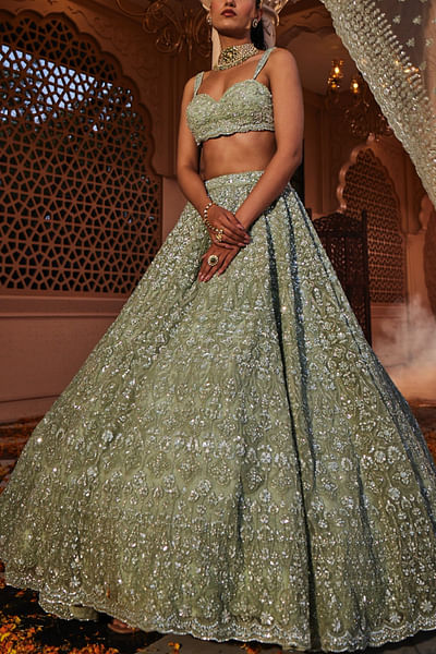 Turquoise zardozi and sequin embroidered lehenga set