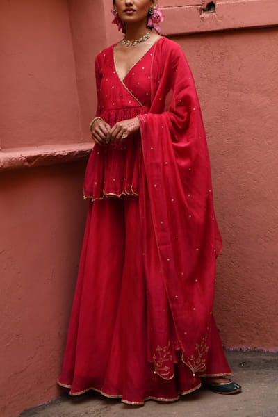 Vermillion embroidered chanderi sharara set