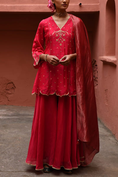 Vermillion embroidered sharara set
