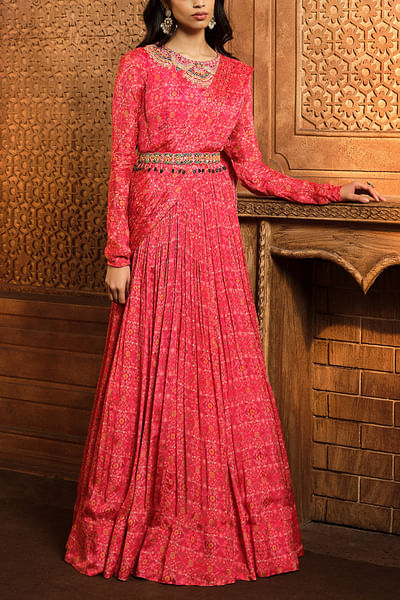 Vermillion red printed draped anarkali set