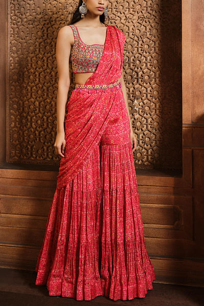 Vermillion red printed draped sharara set
