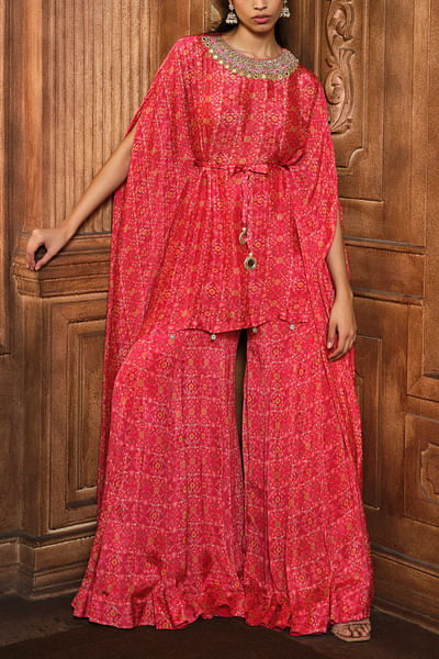 Vermillion red printed kaftan sharara set