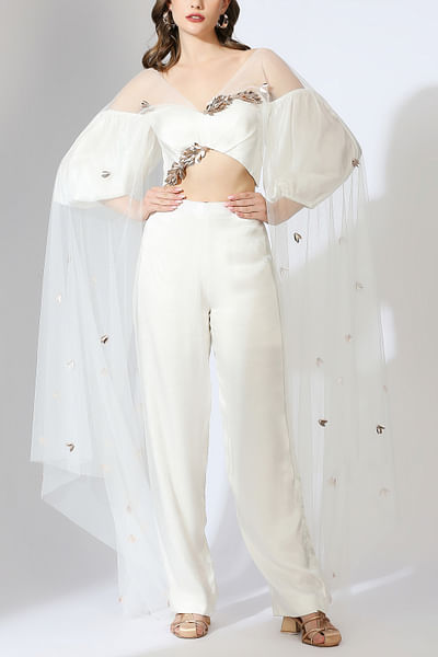 White 3D embroidery draped co-ords