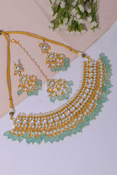 White and Aqua kundan embellished necklace set