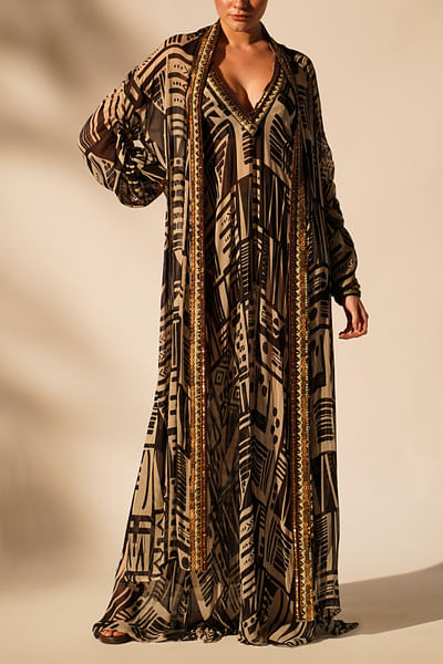 White and black abstract print long jacket set