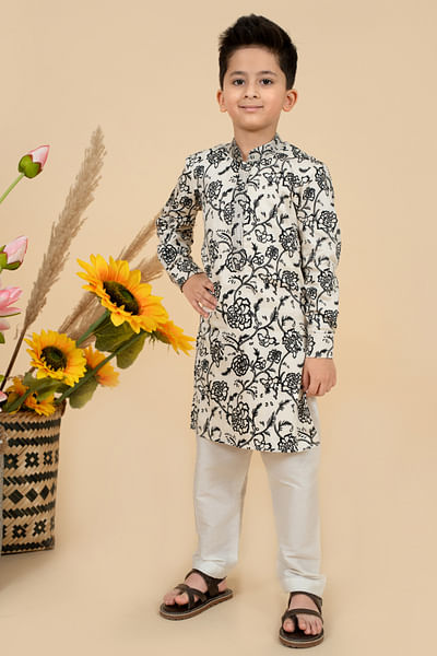 White and black floral print kurta set
