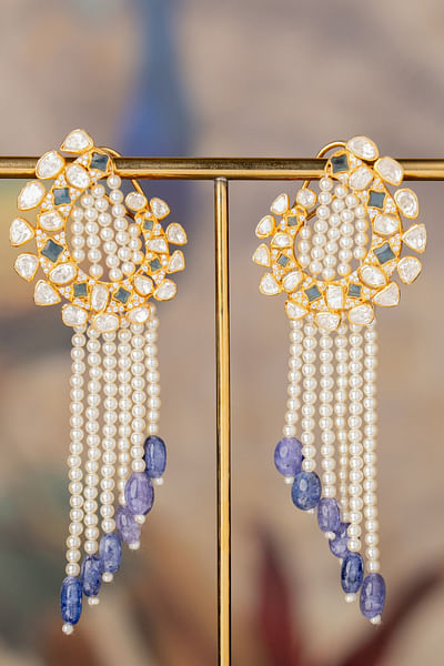 White and blue kundan tassel earrings