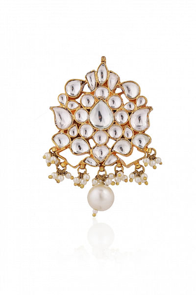 White and gold jadtar and pearl brooch