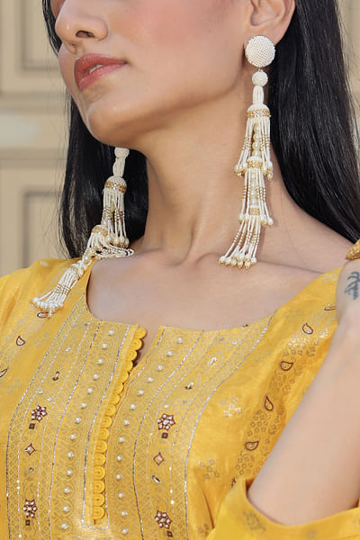 White and gold pearl tassel earrings