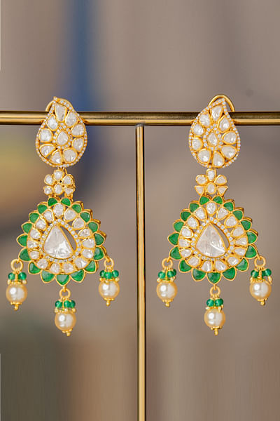 White and green kundan polki earrings