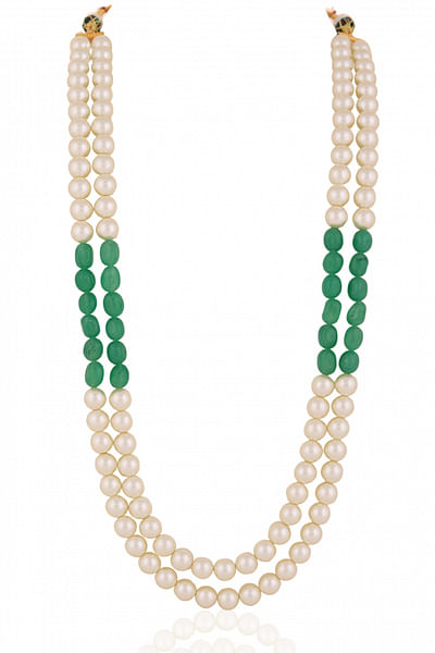 White and green pearl beaded layered necklace