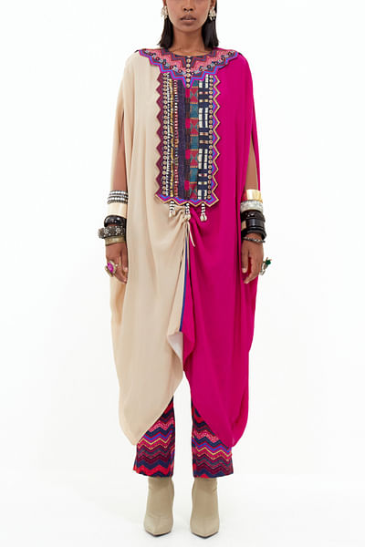 White and pink geometric detail kaftan tunic set