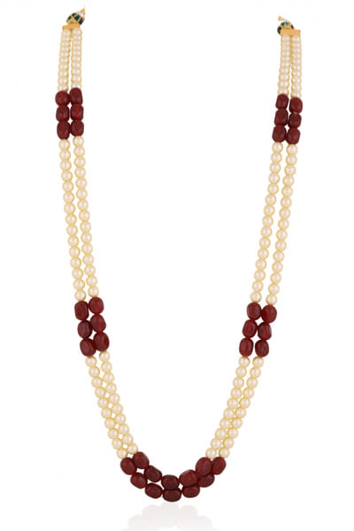 White and red pearl beaded layered necklace