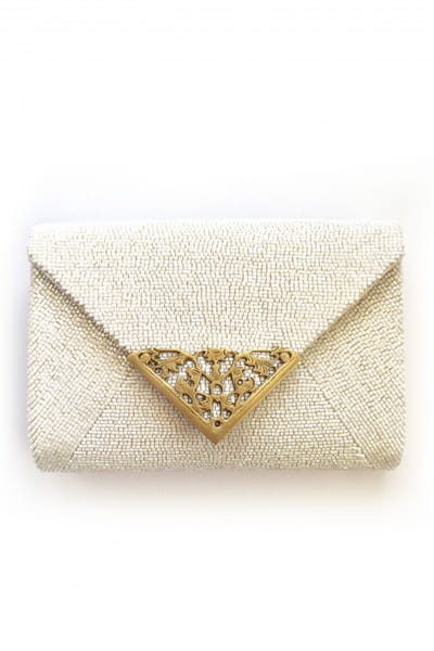 White bead embroidery clutch