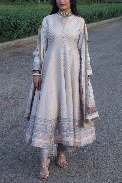 White chevron woven jacket anarkali set