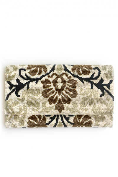 White damask bead embroidery clutch