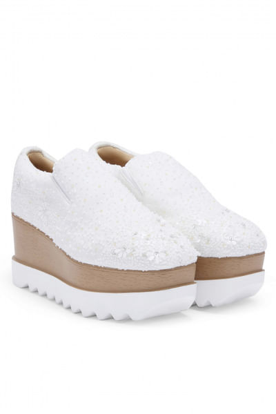 White diamond and sequin wedge sneakers