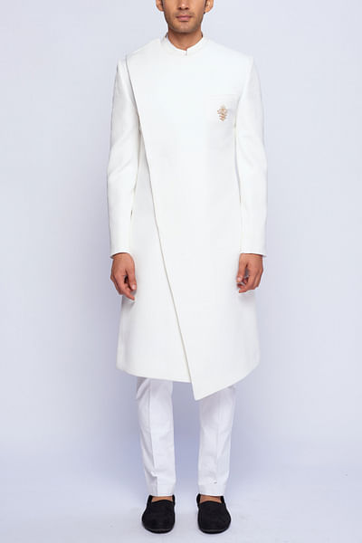White dull gold embroidery sherwani set