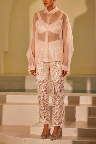 White embellished cigarette pants