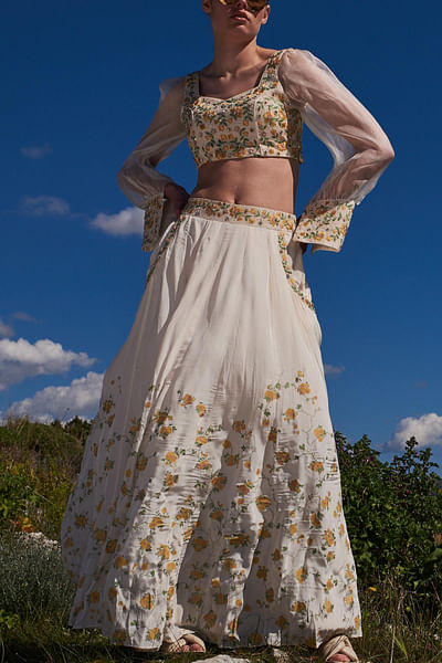 White embroidered crop blouse and skirt