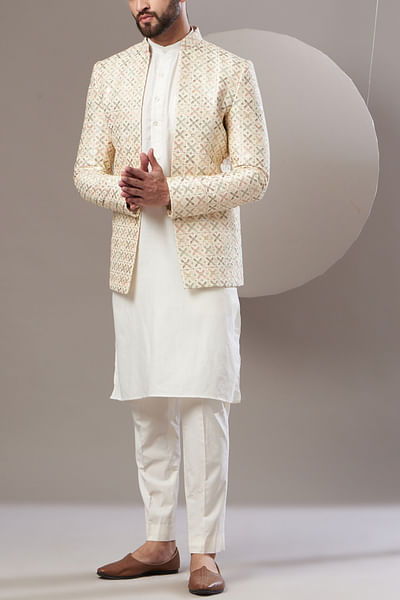 White embroidered open bandhgala