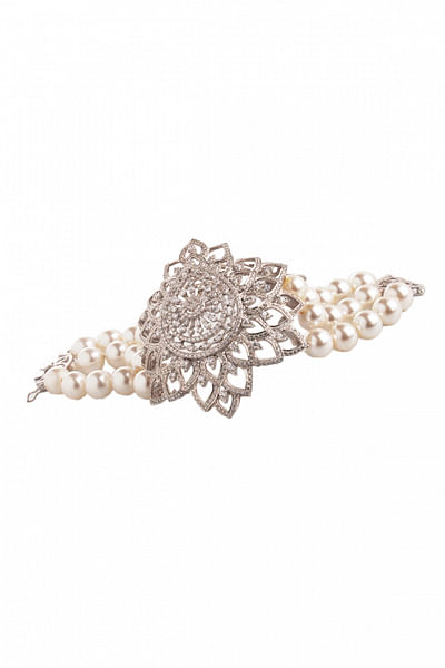 White floral cubic zirconia and pearl bracelet