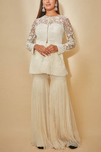 White floral embroidered sharara set