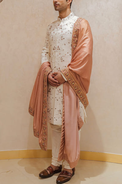 White floral embroidered sherwani set