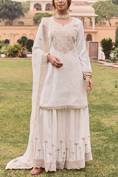 White floral embroidery sharara set