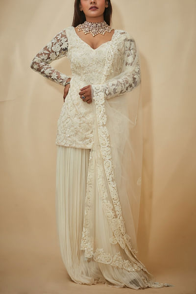 White floral embroidery sharara set