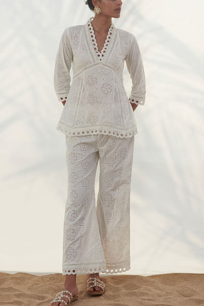 White floral eyelet embroidery co-ord set