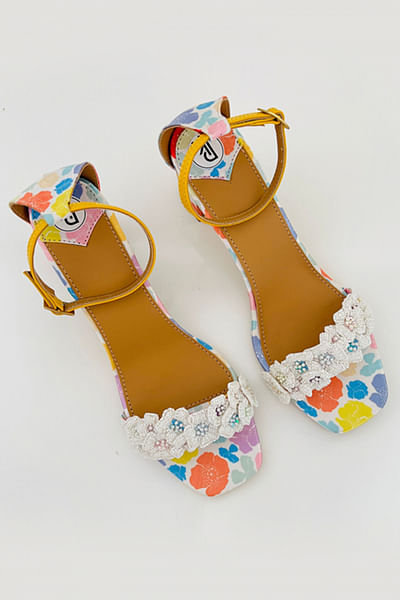White floral print heels