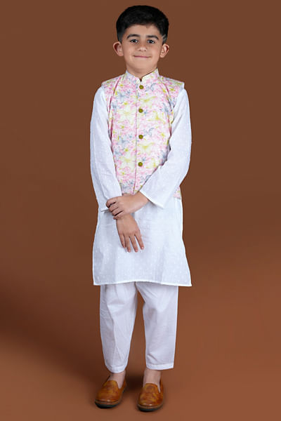 White floral print Nehru jacket set