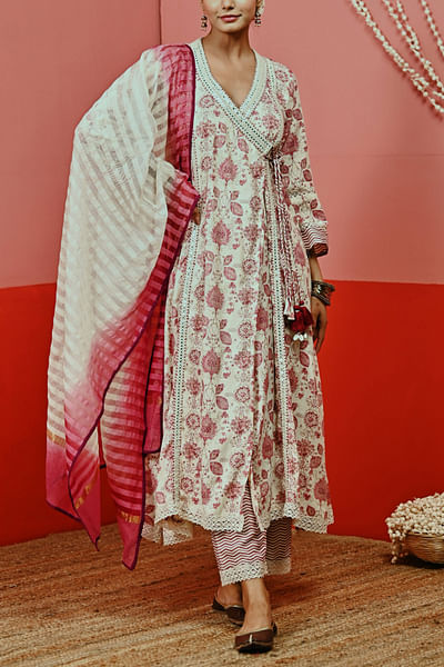 White floral printed angrakha set