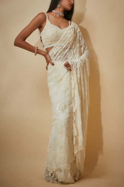 White floral sequin embroidered sari set