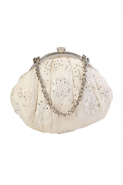 White floral sequinned sling clutch