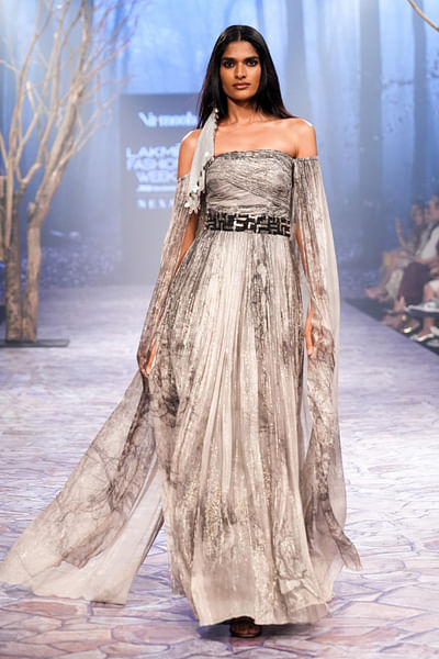 White forest print off-shoulder gown