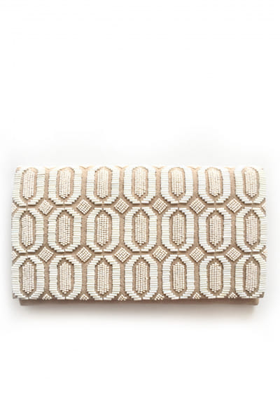 White geometric bead embroidery clutch