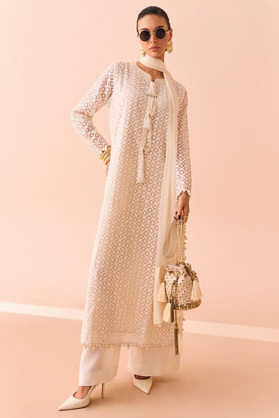 White geometric textured kurta set