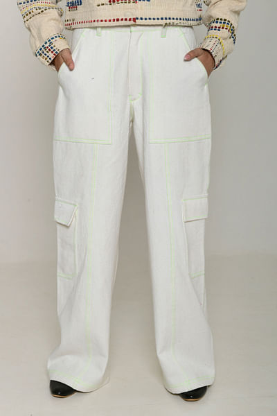 White handwoven denim cargo pants