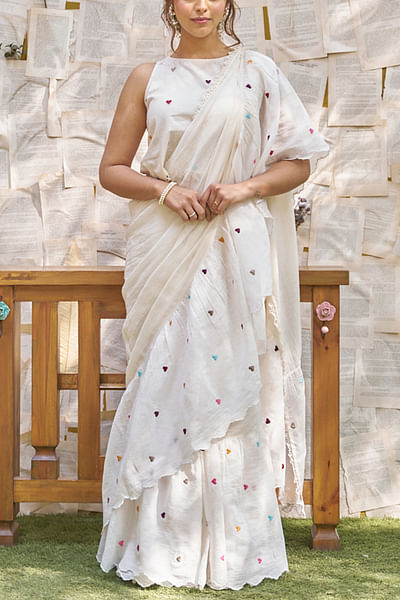 White heart embroidery ruffled saree set