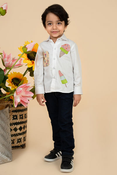White ice-cream print and embroidery shirt