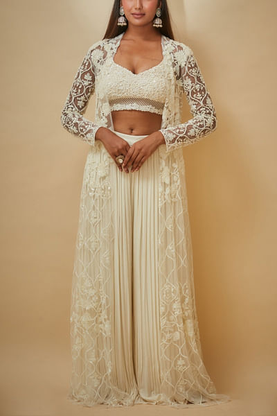 White jaal embroidery jacket set