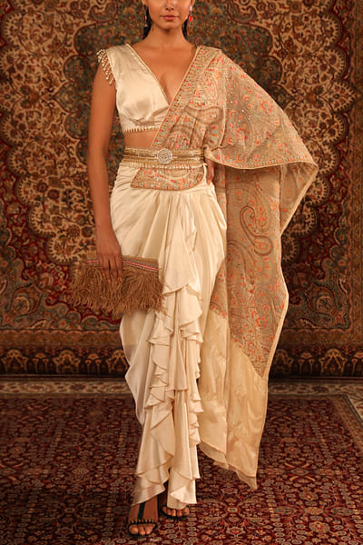 White jamawar draped sari and belt set