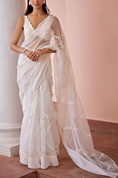 White lace detailed pre-draped sari set